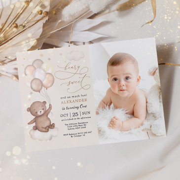 neutral teddy bear balloons 1st birthday party invitation