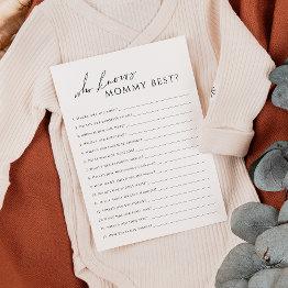 Small Neutral Who Knows Mommy Baby Shower Game Invitations Front View