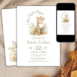 Small New Chapter Begins Giraffe Storybook Baby Shower Invitation Front View