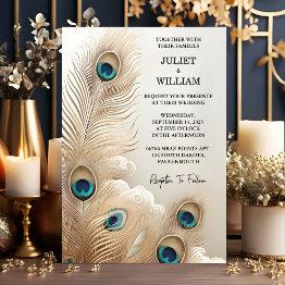 Small New Feather Rustic Asian Sky Cloud Peacock Wedding Invitation Front View
