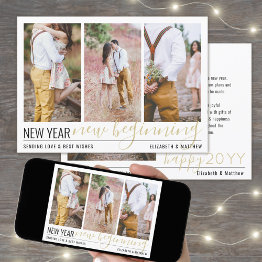 Small New Year New Beginning 4 Photo Gold Script Collage Holiday Invitations Front View