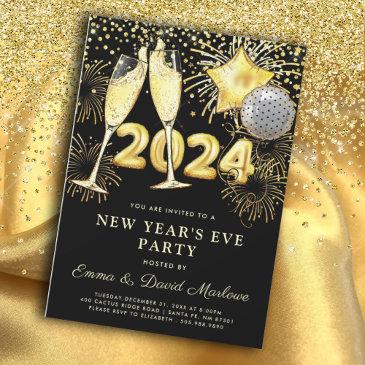 new year's eve party 2024 gold glitter on black invitation