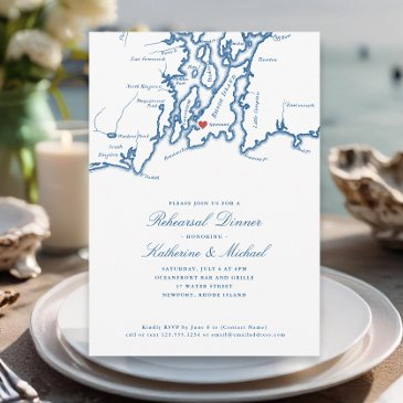 newport ri navy blue wedding rehearsal dinner invitation