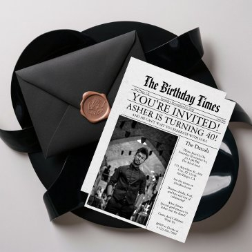 newspaper unique fun 40th birthday photo party invitation