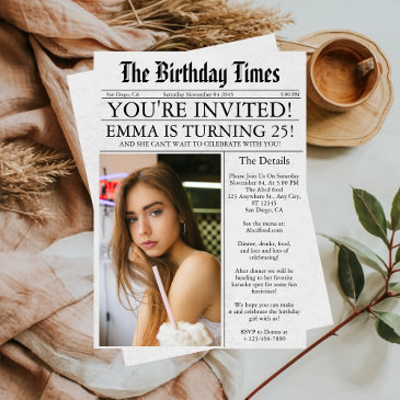 newspaper unique fun photo 25th birthday party invitation