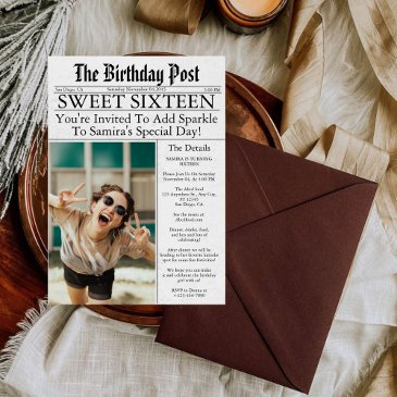 newspaper unique fun sweet sixteen birthday photo invitation