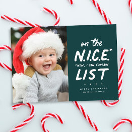 Small Nice List Funny Cute One Photo Green Christmas Holiday Invitations Front View