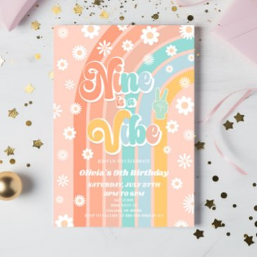 nine is a vibe rainbow daisy 9th birthday party invitation