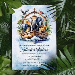 Small Noah's Ark Cute Animals Blue Boy Baby Shower Invitation Front View