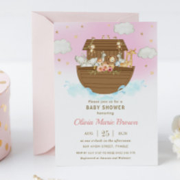 Small Noah's Ark Cute Animals Pink Girl Baby Shower Invitation Front View