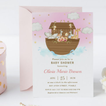 noah's ark cute animals pink girl baby shower invitation