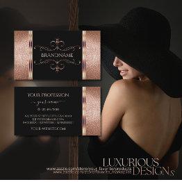 Small Noble Black Rose Gold Glitter Ornate Ornamental Business Invitations Front View