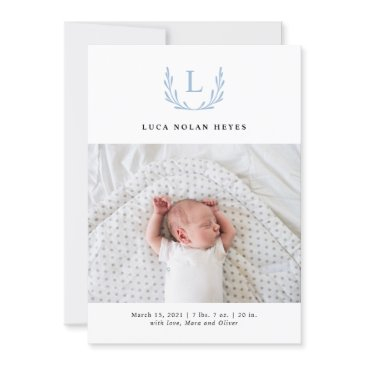 noble blue monogram wreath birth announcement