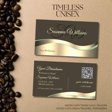 noble dark brown wavy gold decor initials qr code business invitations