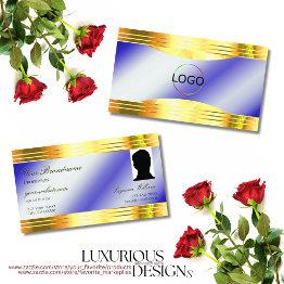 Small Noble Royal Blue Shiny Gold Borders Logo And Photo Business Invitations Front View