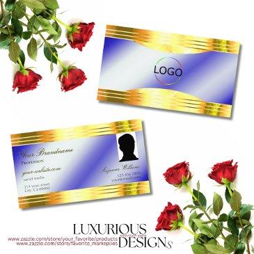noble royal blue shiny gold borders logo and photo business invitations