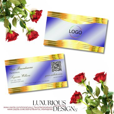 noble royal blue shiny gold borders logo qr code business invitations