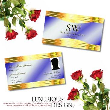 noble royal blue shiny gold borders monogram photo business invitations