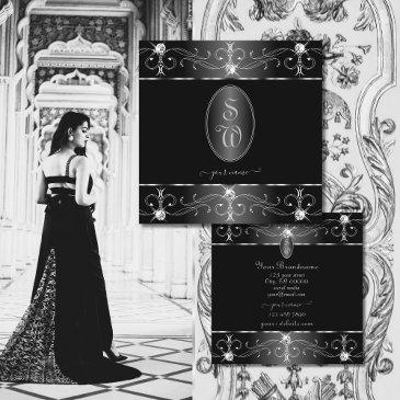 noble silver black white ornate ornaments initials square business invitations
