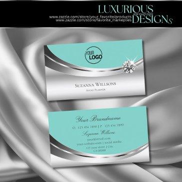 noble silver teal with logo and sparkling diamond business invitations