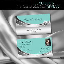 Small Noble Silver Teal With Photo And Sparkling Diamond Business Invitations Front View