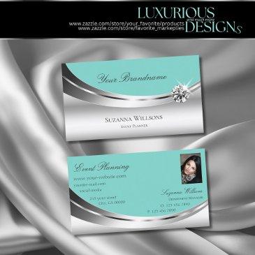 noble silver teal with photo and sparkling diamond business invitations