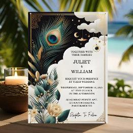 Small Now Feather Rustic Asian Sky Cloud Peacock Wedding Invitation Front View