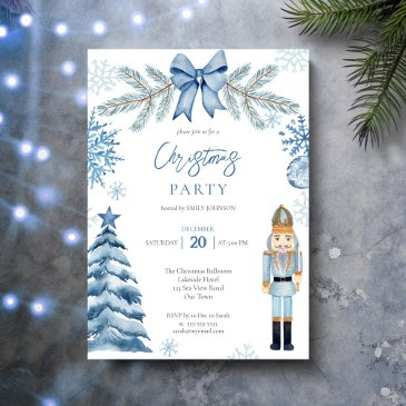 nutcracker silver blue bow christmas party invitation