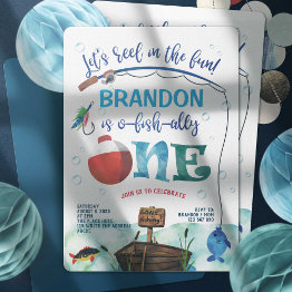 Small O-fish-ally, Little Fisherman, Fishing Themed, 1st Invitation Front View
