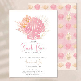 Small Ocean Boho Sea Shell Pink Girl Baby Shower Invitation Front View