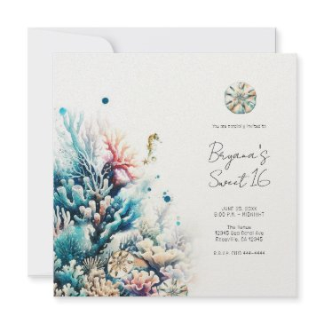 ocean splash sea coral watercolor sweet 16 invitation