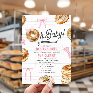 oh baby bagels & bows pink baby shower brunch invitation
