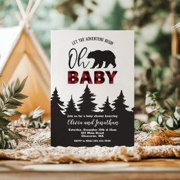 Small Oh Baby Bear Red Buffalo Plaid Baby Shower Invitation Front View