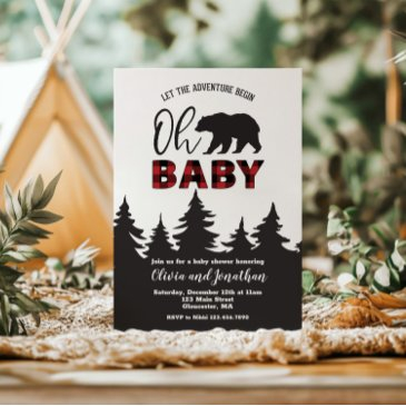 oh baby bear red buffalo plaid baby shower invitation