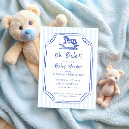 Small Oh Baby Blue Rocking Horse Sketch Baby Shower Invitation Front View