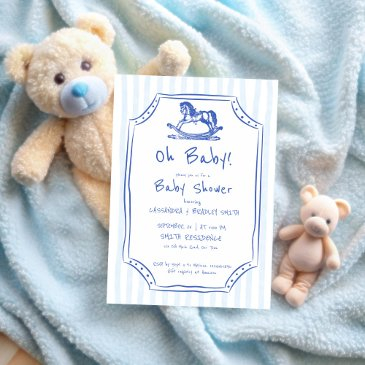 oh baby blue rocking horse sketch baby shower invitation