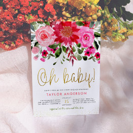 Small Oh Baby Blush Pink & Red Floral Baby Girl Shower Invitation Front View