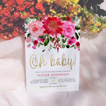 oh baby blush pink & red floral baby girl shower invitation