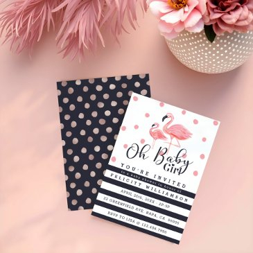 oh baby girl pink flamingo baby shower invitation