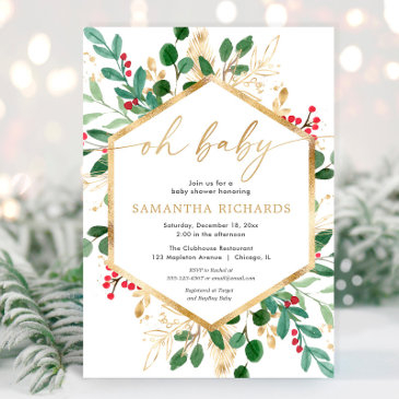oh baby watercolor christmas hollies baby shower invitation