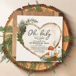 Small Oh Baby Wood Slice Mushroom Drive-by Baby Shower Invitation Front View