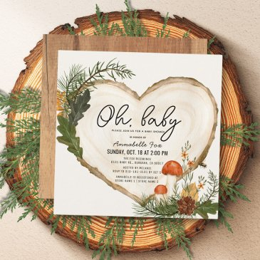 oh baby wood slice mushroom fall baby shower invitation