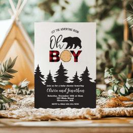 Small Oh Boy Bear Red Buffalo Plaid Baby Shower Invitation Front View