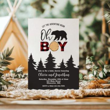 oh boy bear red buffalo plaid baby shower invitation