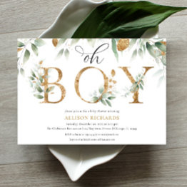 Small Oh Boy Elegant Simple Greenery Gold Baby Shower Invitation Front View