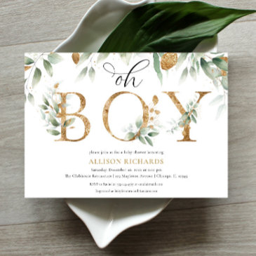 oh boy elegant simple greenery gold baby shower invitation