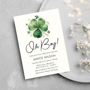 oh boy green shamrock st. patricks day baby shower invitation