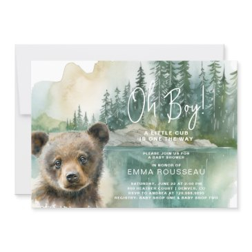 oh boy watercolor bear cub baby shower invitation