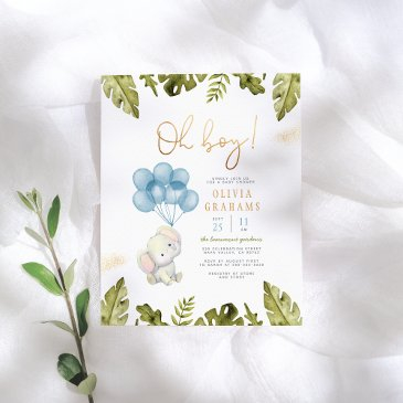 oh boy watercolor elephant & leaves baby shower postinvitations