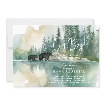 oh boy watercolor mom and bear cub baby shower invitation